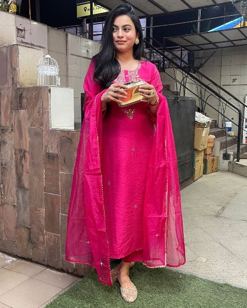 Embroidered Straight Kurti with Pants & Dupatta