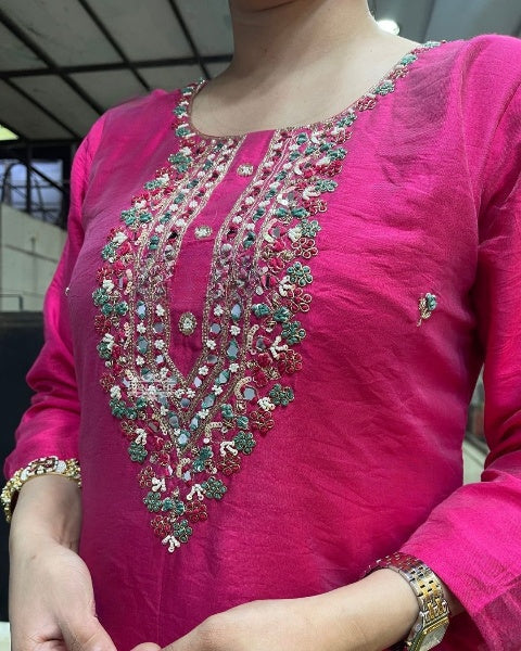 Embroidered Straight Kurti with Pants & Dupatta