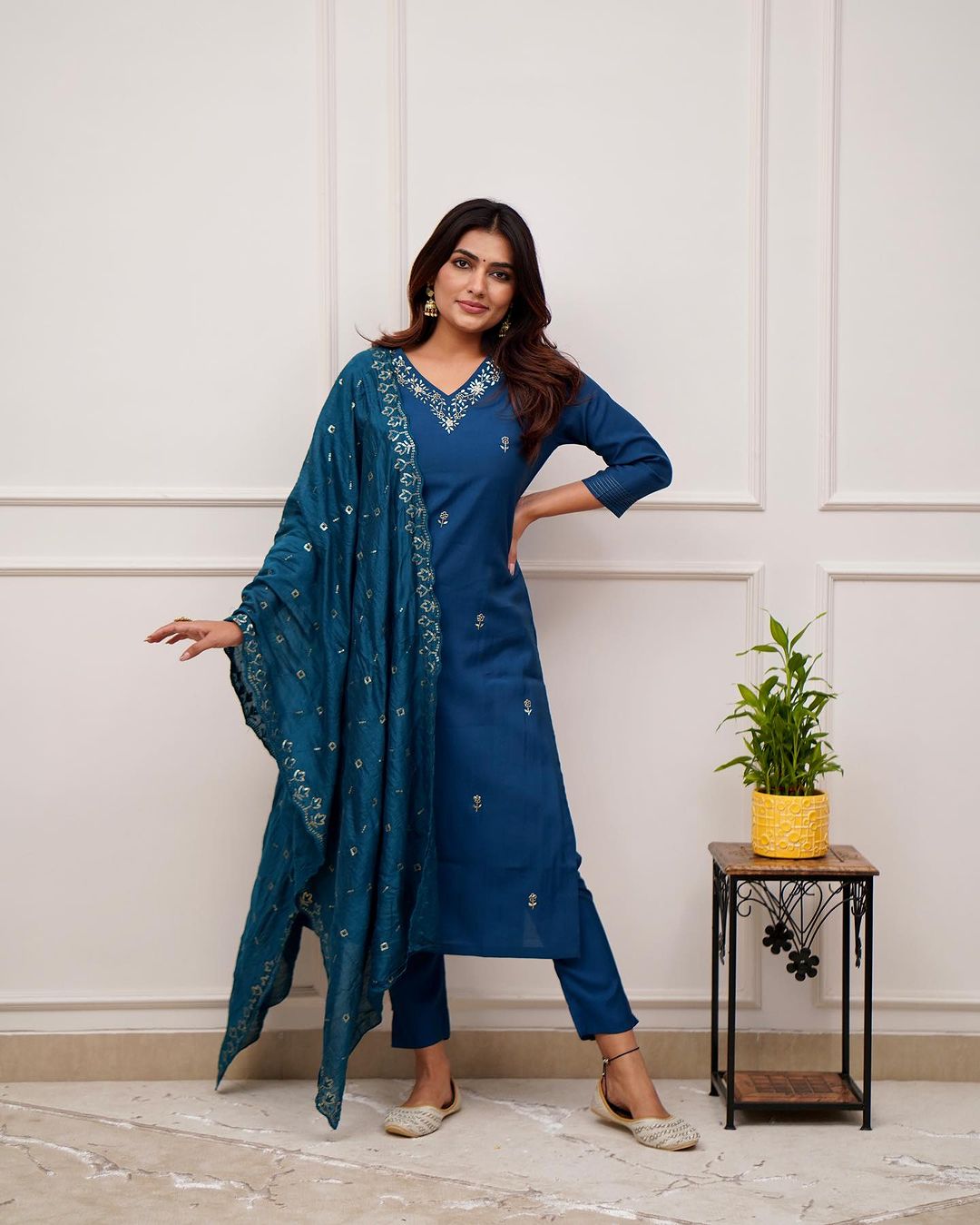 Embroidered Straight Kurti with Pants & Dupatta