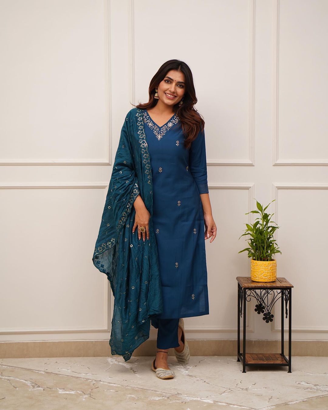 Embroidered Straight Kurti with Pants & Dupatta
