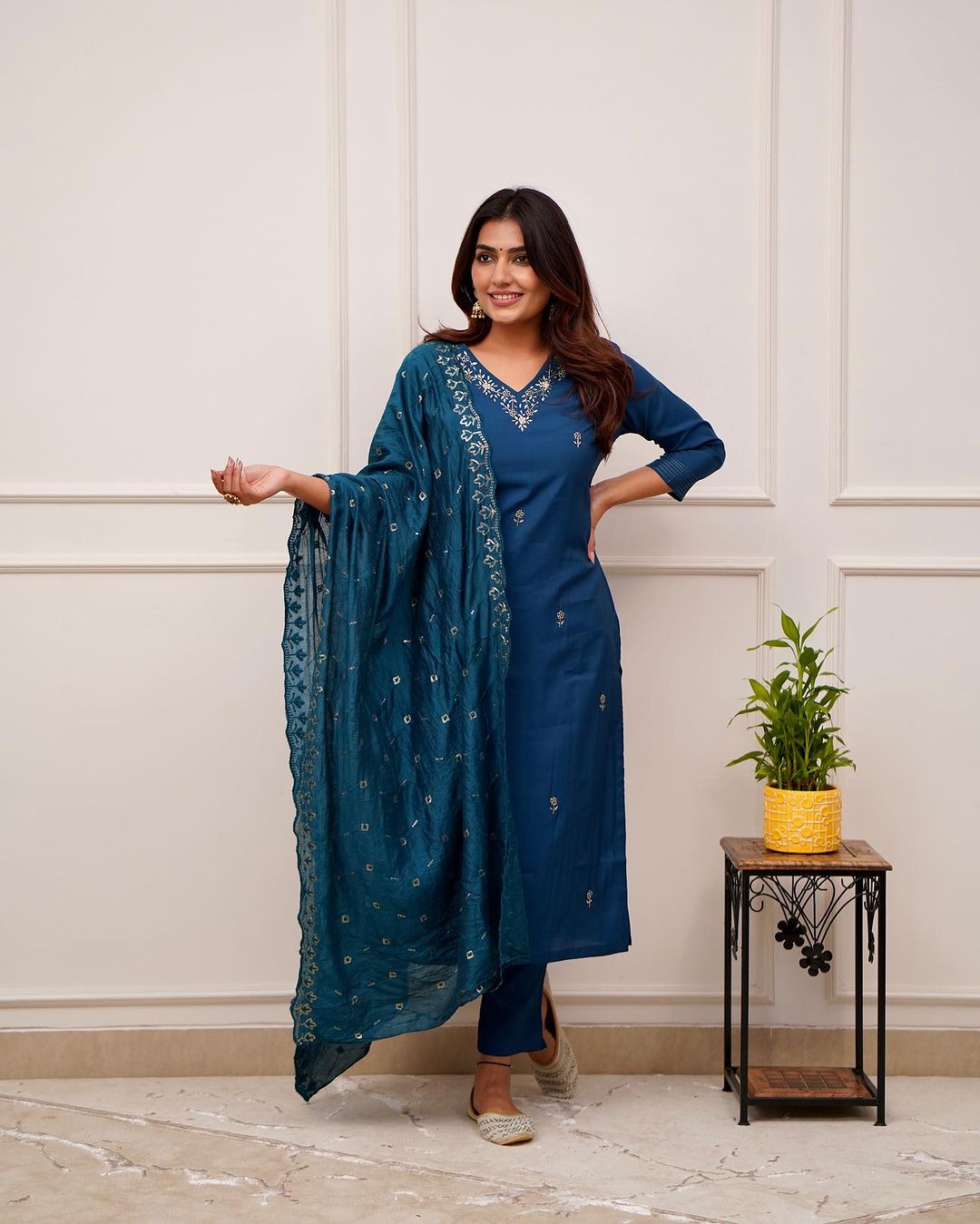 Embroidered Straight Kurti with Pants & Dupatta