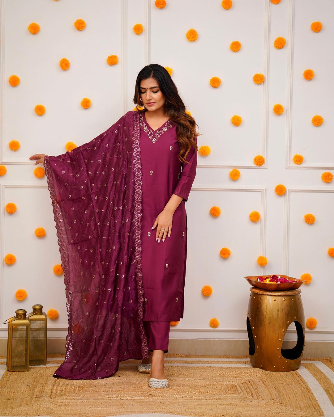 Embroidered Straight Kurti with Pants & Dupatta