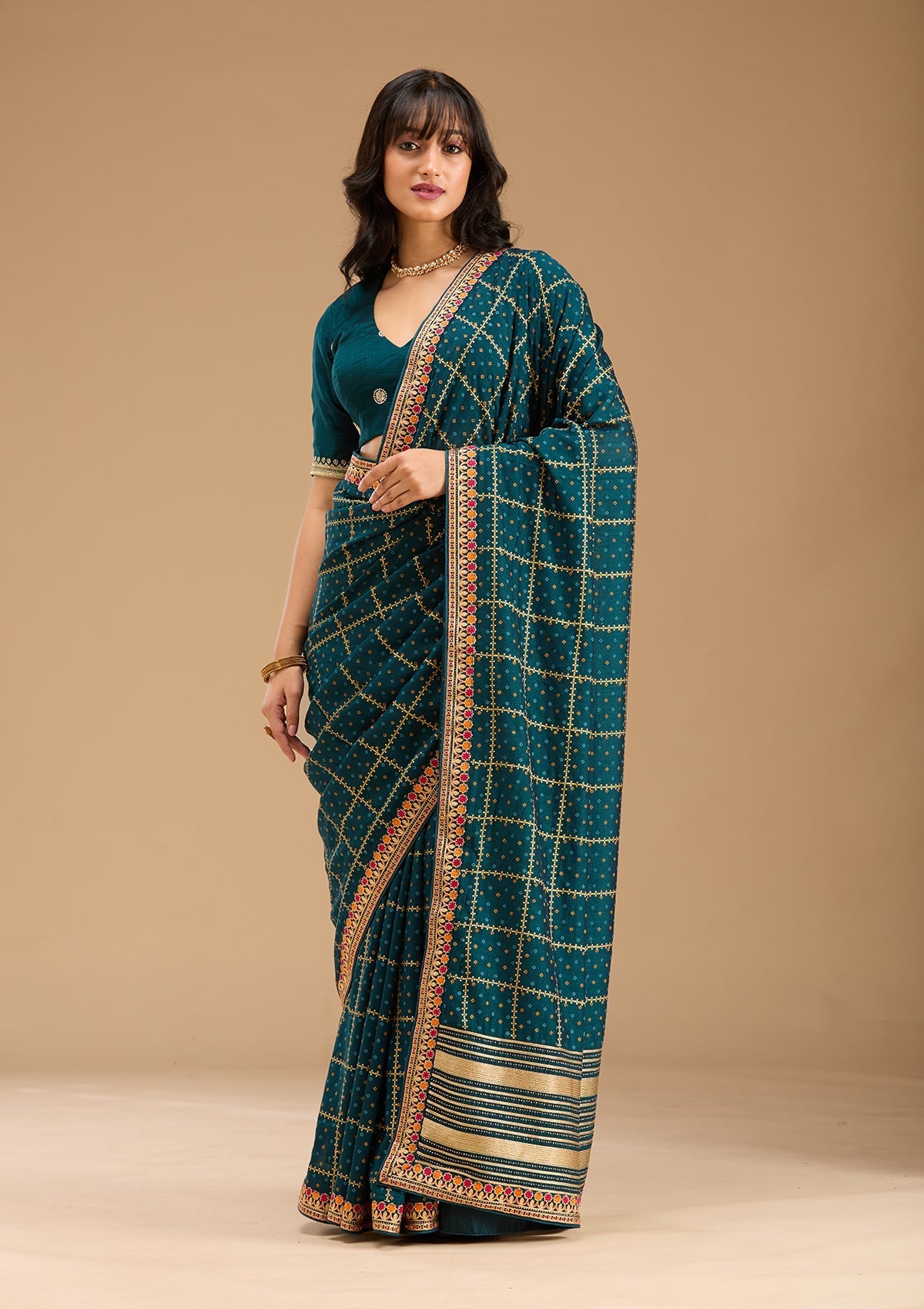 Peacock Blue Gold Zariwork Soft Raw Silk Saree