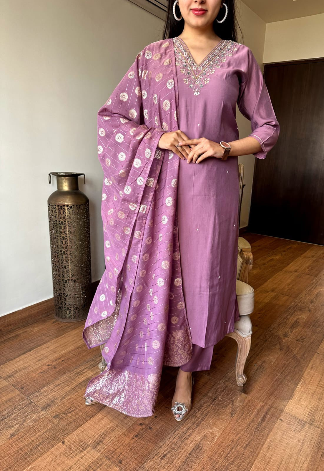 Embroidered Straight Kurti with Pants & Dupatta