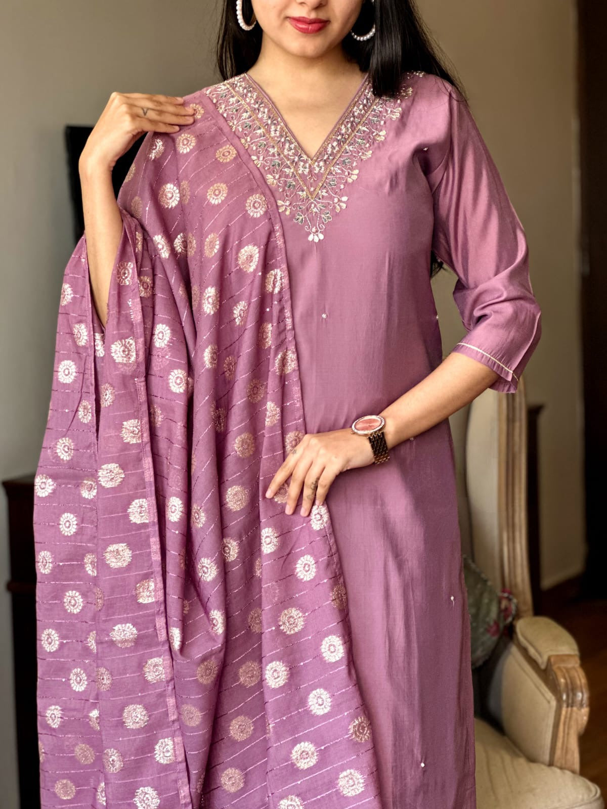Embroidered Straight Kurti with Pants & Dupatta