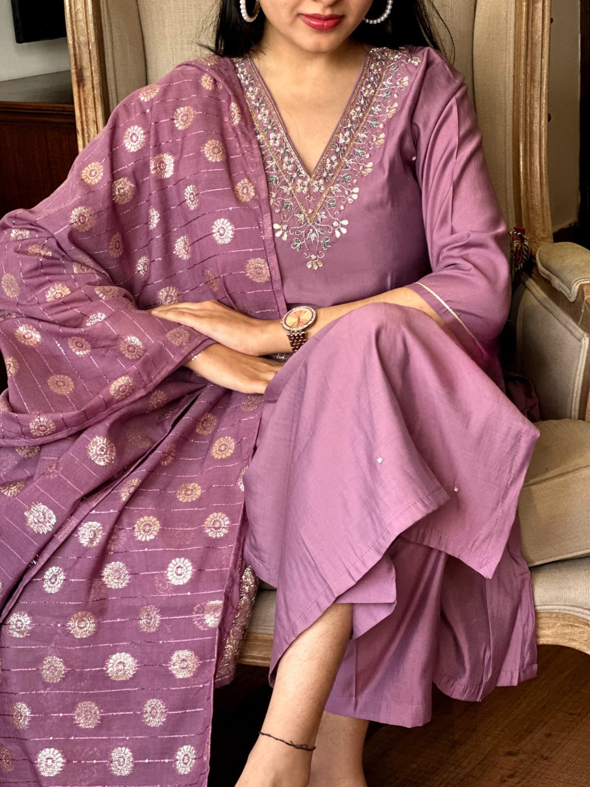 Embroidered Straight Kurti with Pants & Dupatta