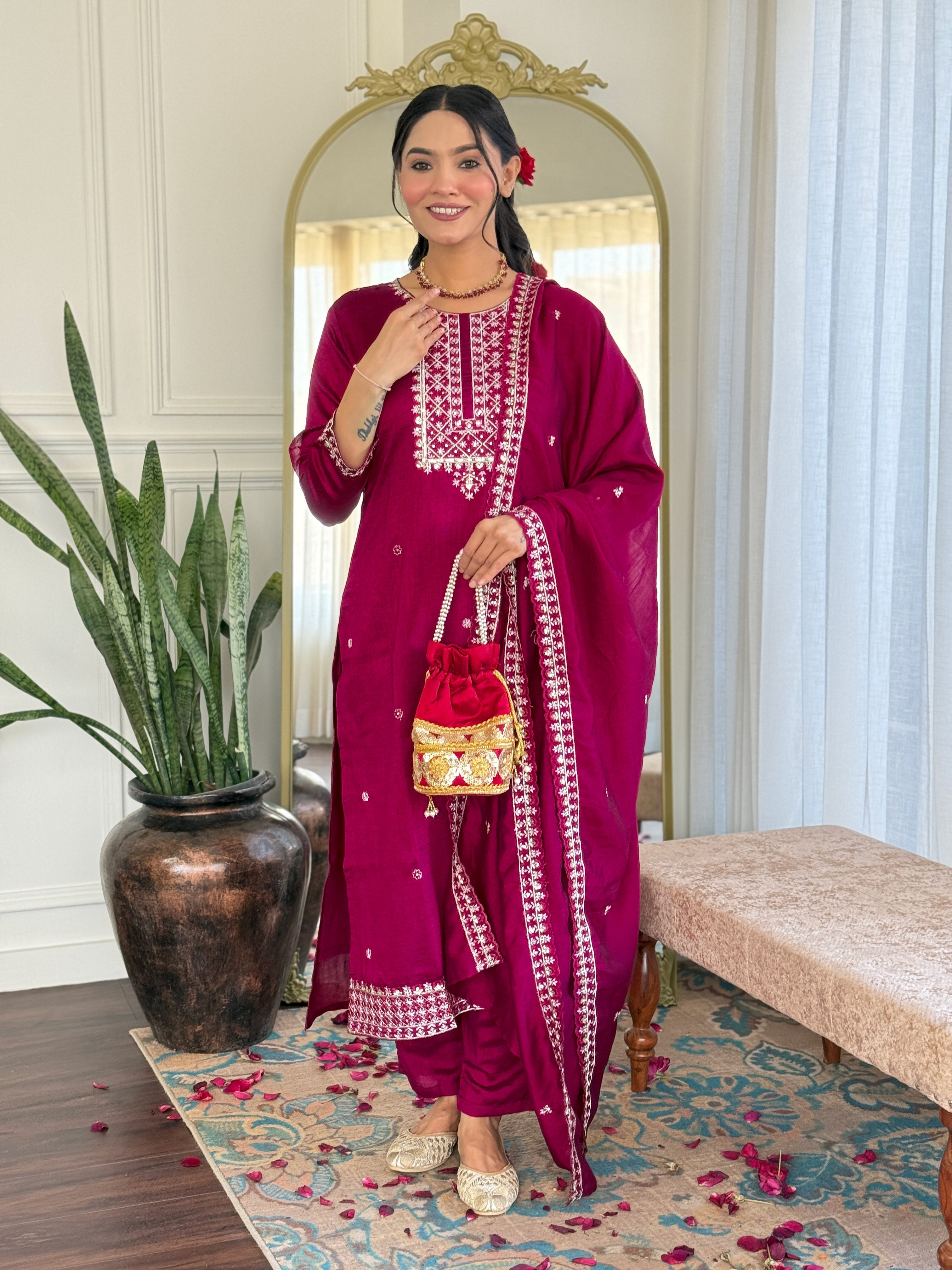 Embroidered Straight Kurti with Pants & Dupatta