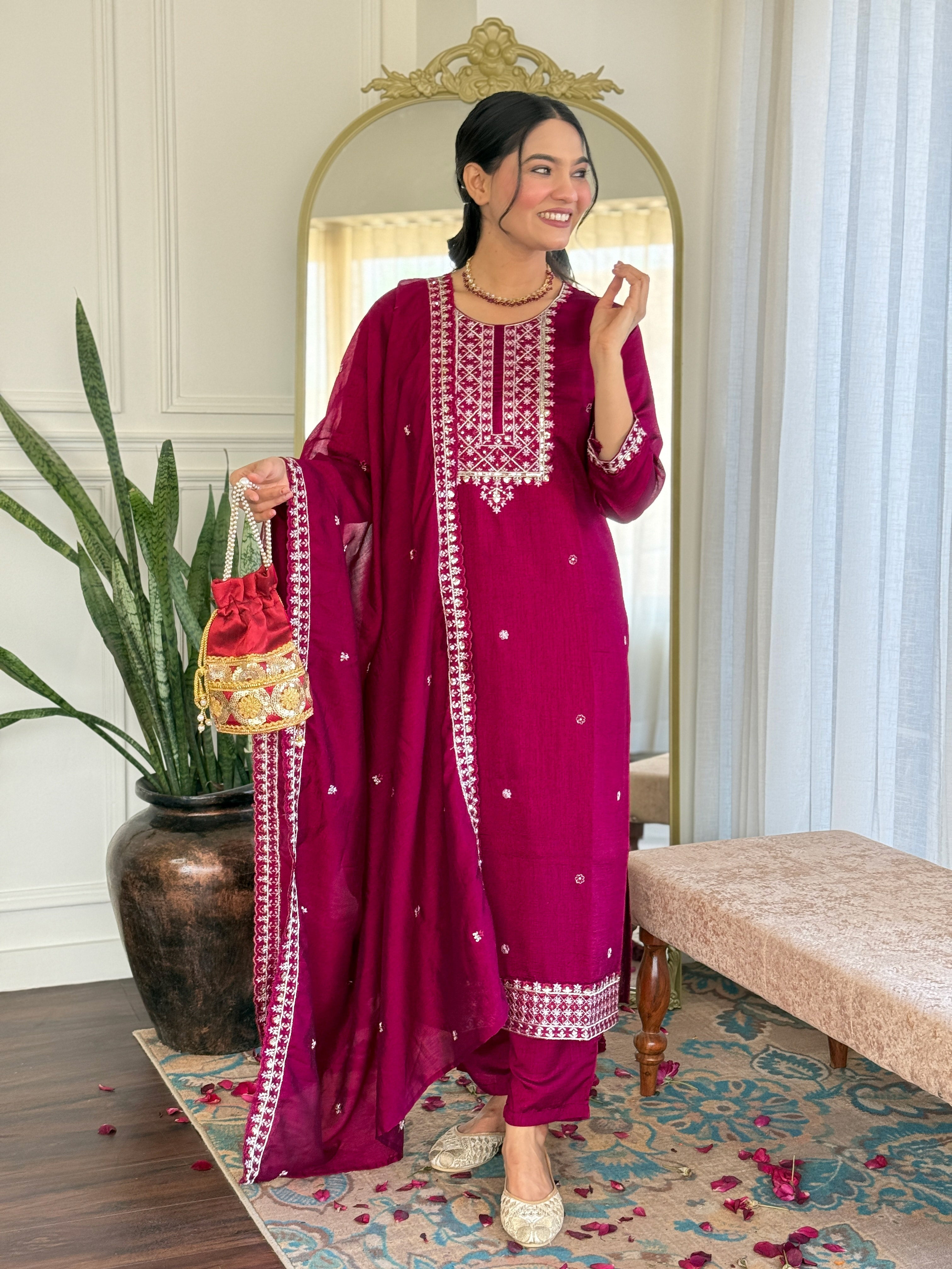Embroidered Straight Kurti with Pants & Dupatta