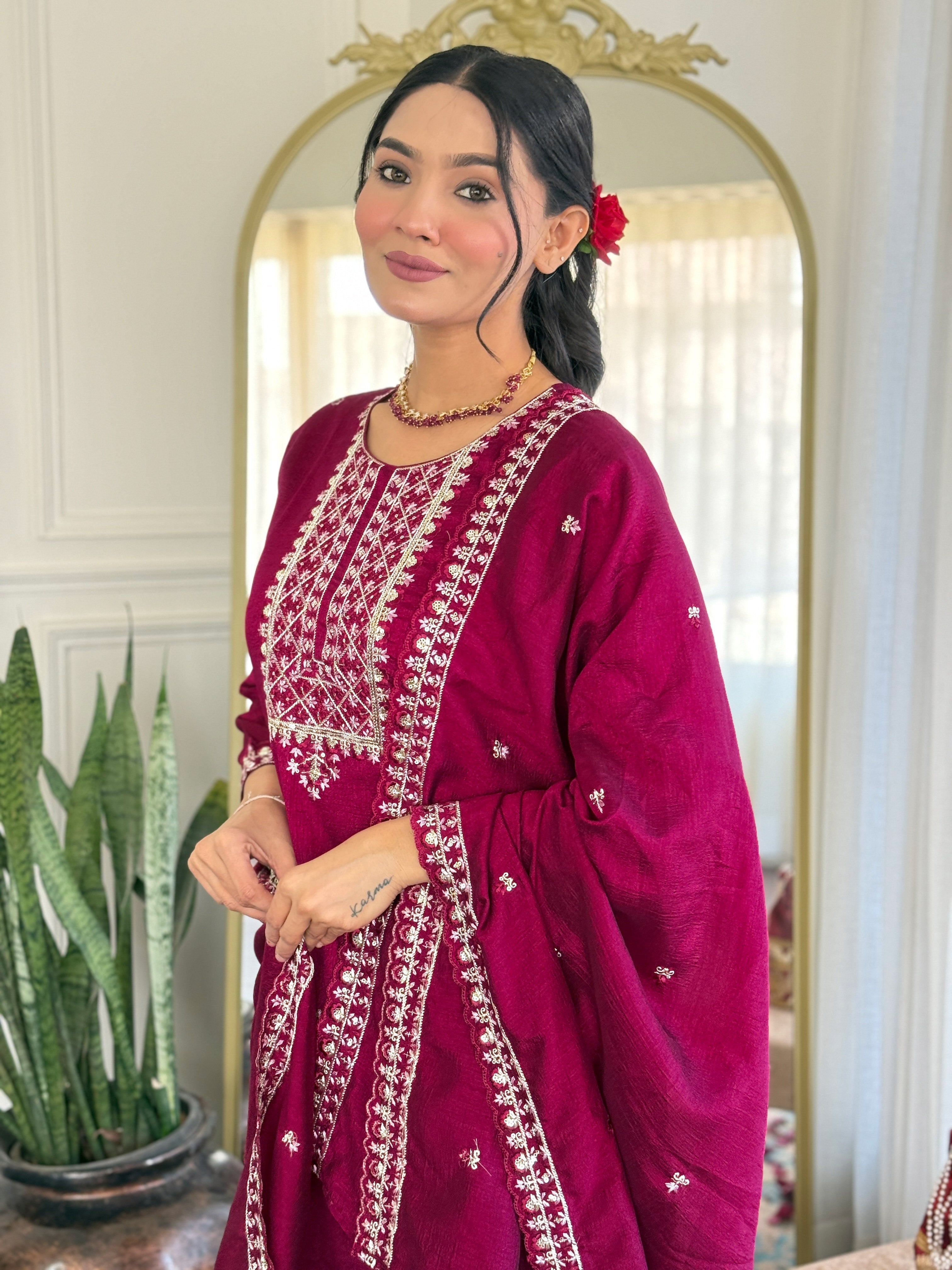 Embroidered Straight Kurti with Pants & Dupatta