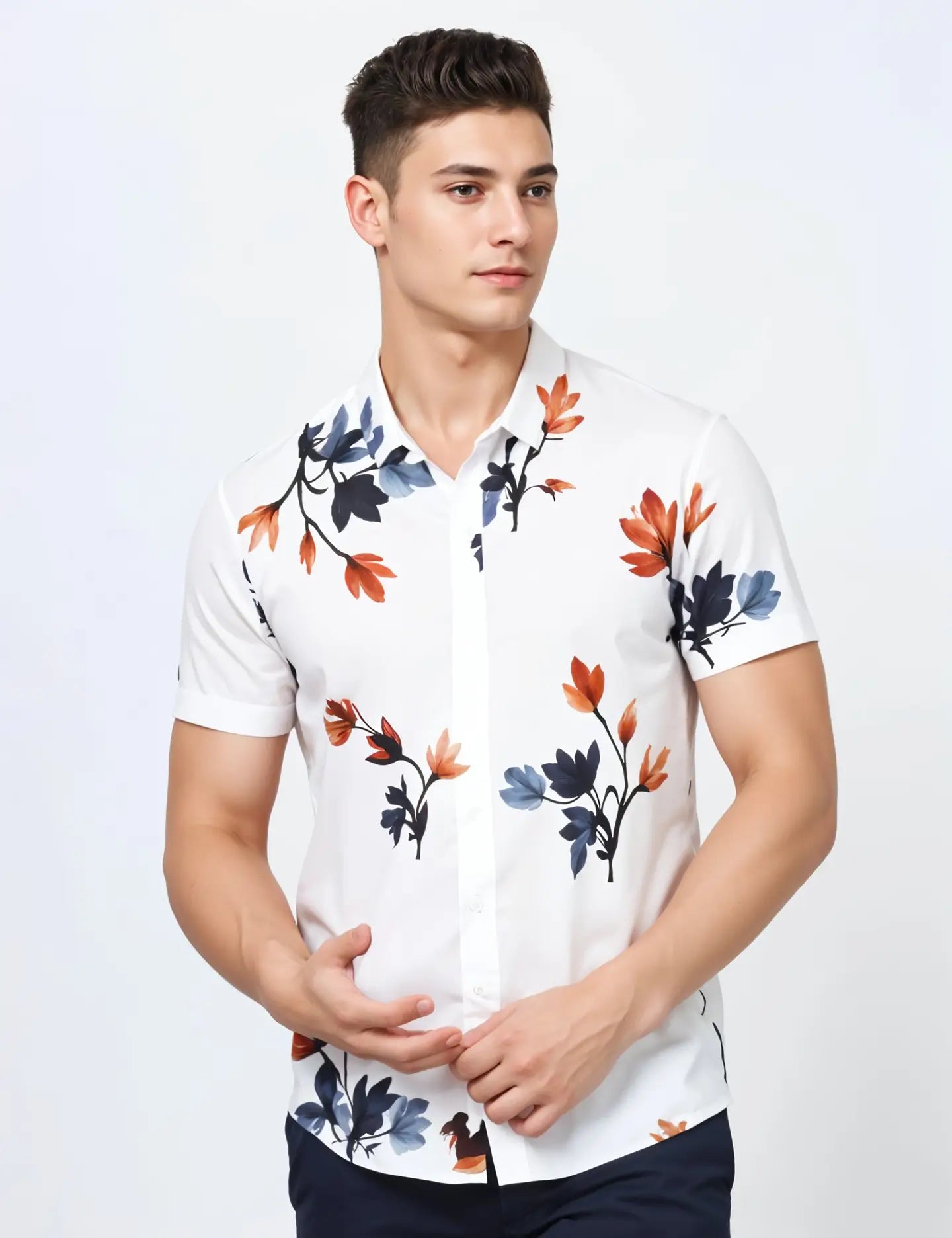 White Tulip Printed Men's Shirt Half Sleeves Exclusive Summer Edition